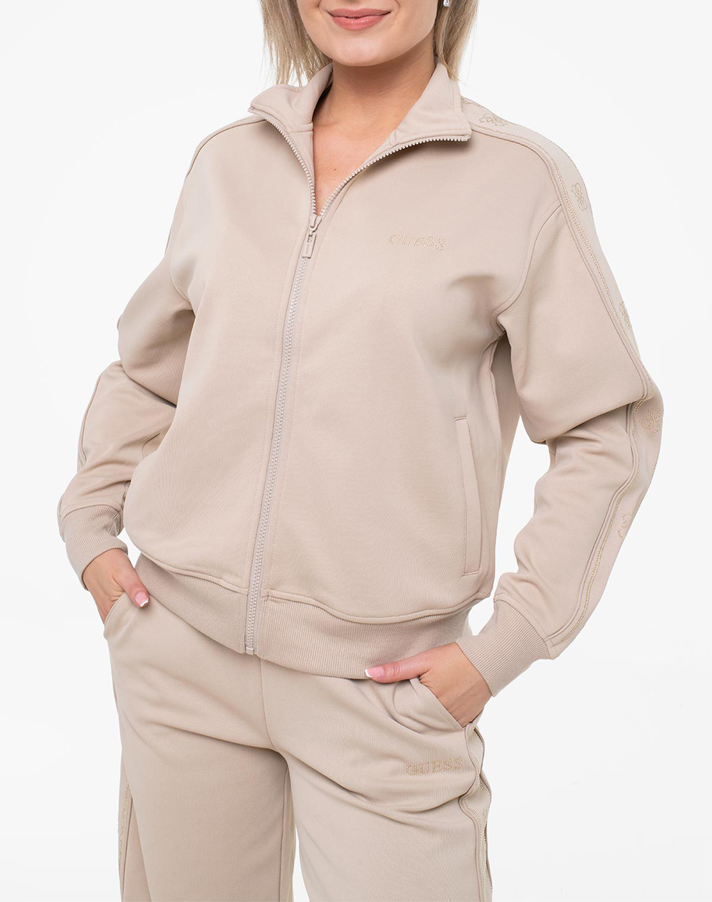 Guess Octavia High Neck Full Zip Swe Φουτερ Γυναικειο Γυναικα Ρουχα Μπλουζες Φουτερ Sandybrown Βισκοζμε Ελαστανσυνθετικο V5Bq15Kcx22 G1Bw