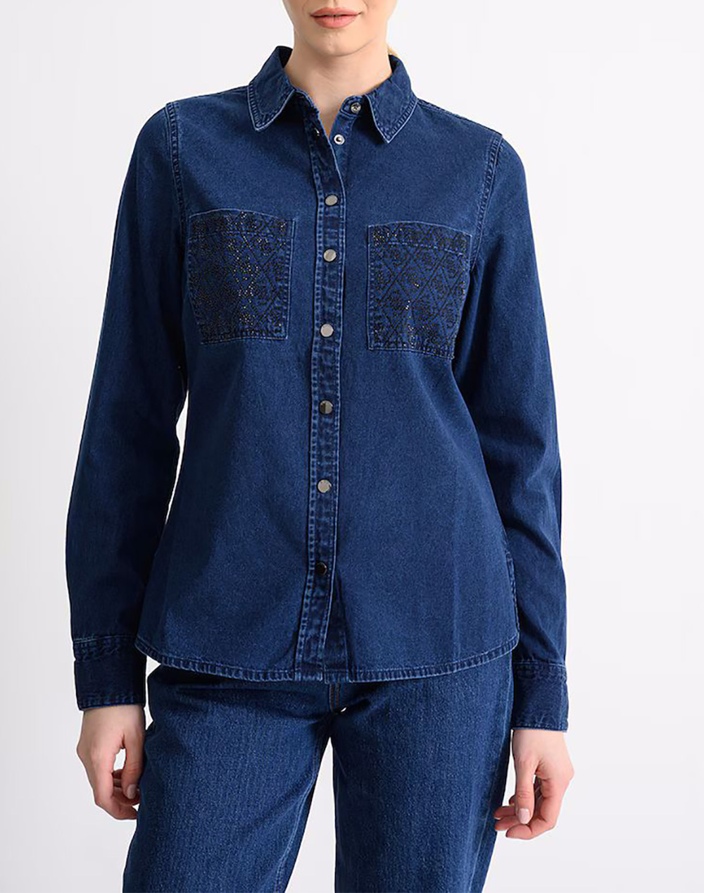 Guess Monique Shirt Πουκαμισο Γυναικειο Γυναικα Ρουχα Πουκαμισα Denimblue Βαμβακι W6Rh82D6841 Skm1