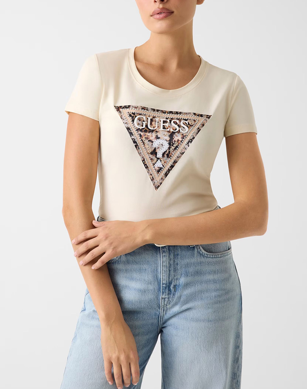 Guess Ss Cn Leo Triangle Tee Μπλουζα Γυναικειο Γυναικα Ρουχα Μπλουζες Τ Shirt Ecru Βαμβακιμε Ελασταν W6Ri32J1314 G047