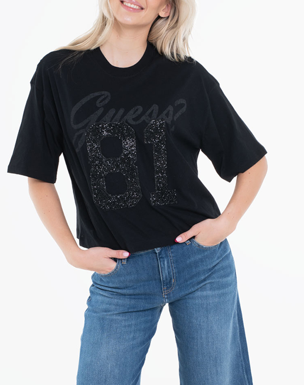 Guess Ss 81 Rhinestone New Crew Tee Μπλουζα Γυναικειο Γυναικα Ρουχα Μπλουζες Τ Shirt Black Βαμβακι W6Ri12K9Rm1 Jblk