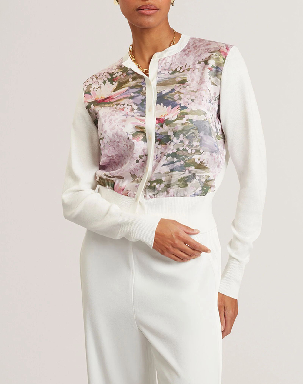Ted Baker Sisilla Printed Woven Front Cardigan Γυναικα Ρουχα Μπλουζες Πλεκτα Ivory Βαμβακι,Λινο,Συνθετικο 284159 Ivory - Koolfly