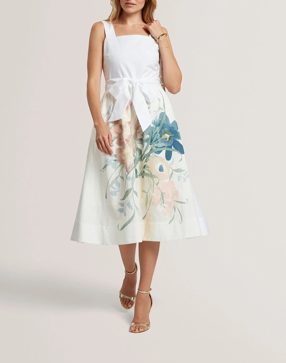 Ted Baker Gemha Tie Waist Floral Midi Sundress Γυναικα Ρουχα Φορεματα Ivory Βαμβακιλινο 283593 Ivory