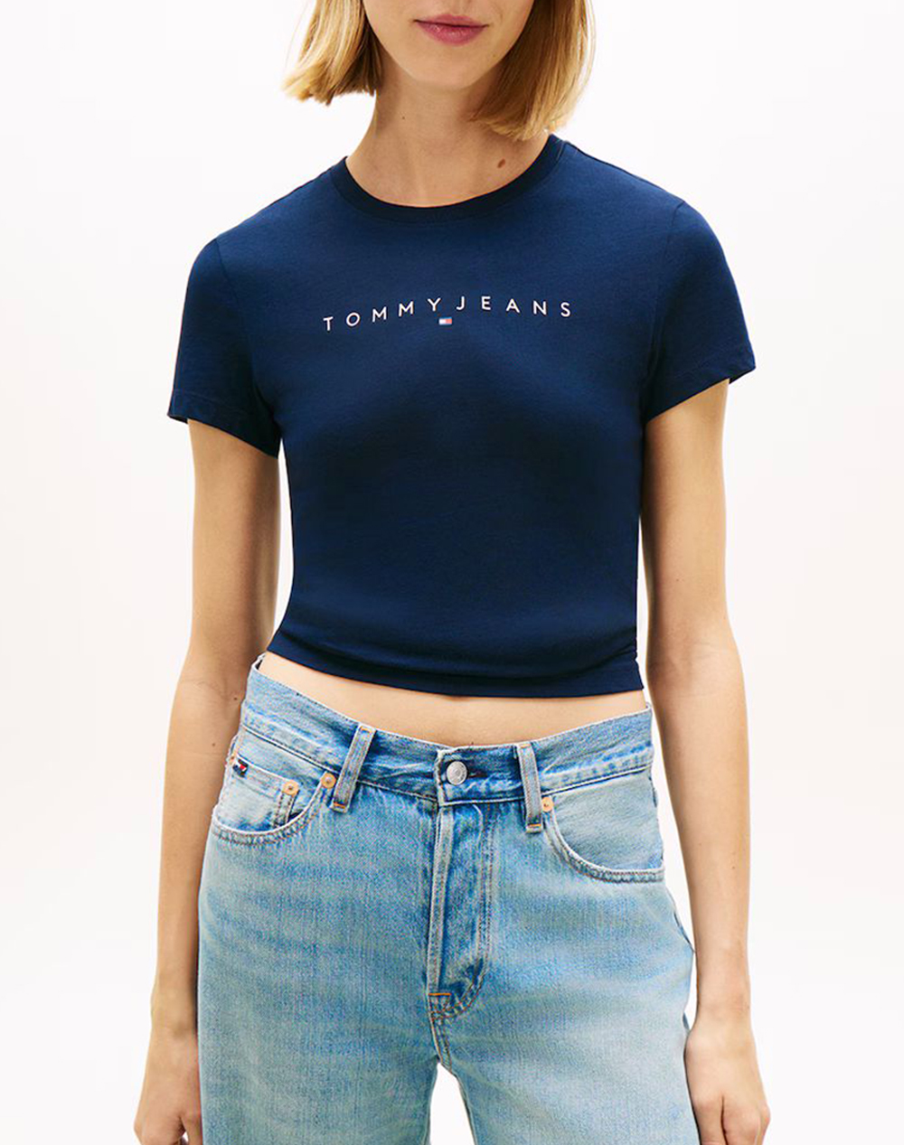 Tommy Jeans Tjw Slim Linear Tee Ext Γυναικα Ρουχα Μπλουζες Τ Shirt Darkblue Βαμβακι Dw0Dw18398 0G0