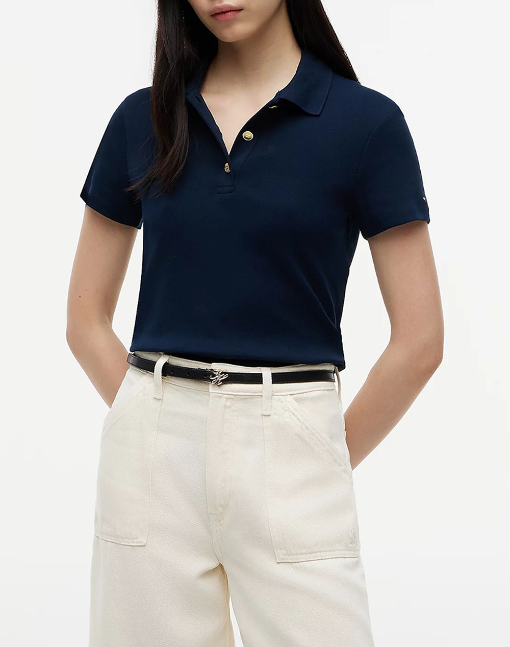 Tommy Hilfiger Gold Button Slim Ss Polo Γυναικα Ρουχα Μπλουζες Polo Darkblue Βαμβακι Ww0ww49252 C1g - Koolfly