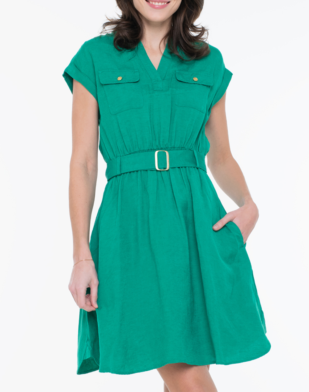 Tommy Hilfiger Vis/Linen Belted Knee Ss Dress Γυναικα Ρουχα Φορεματα Green Βισκοζλινο Ww0Ww49659 Ms3