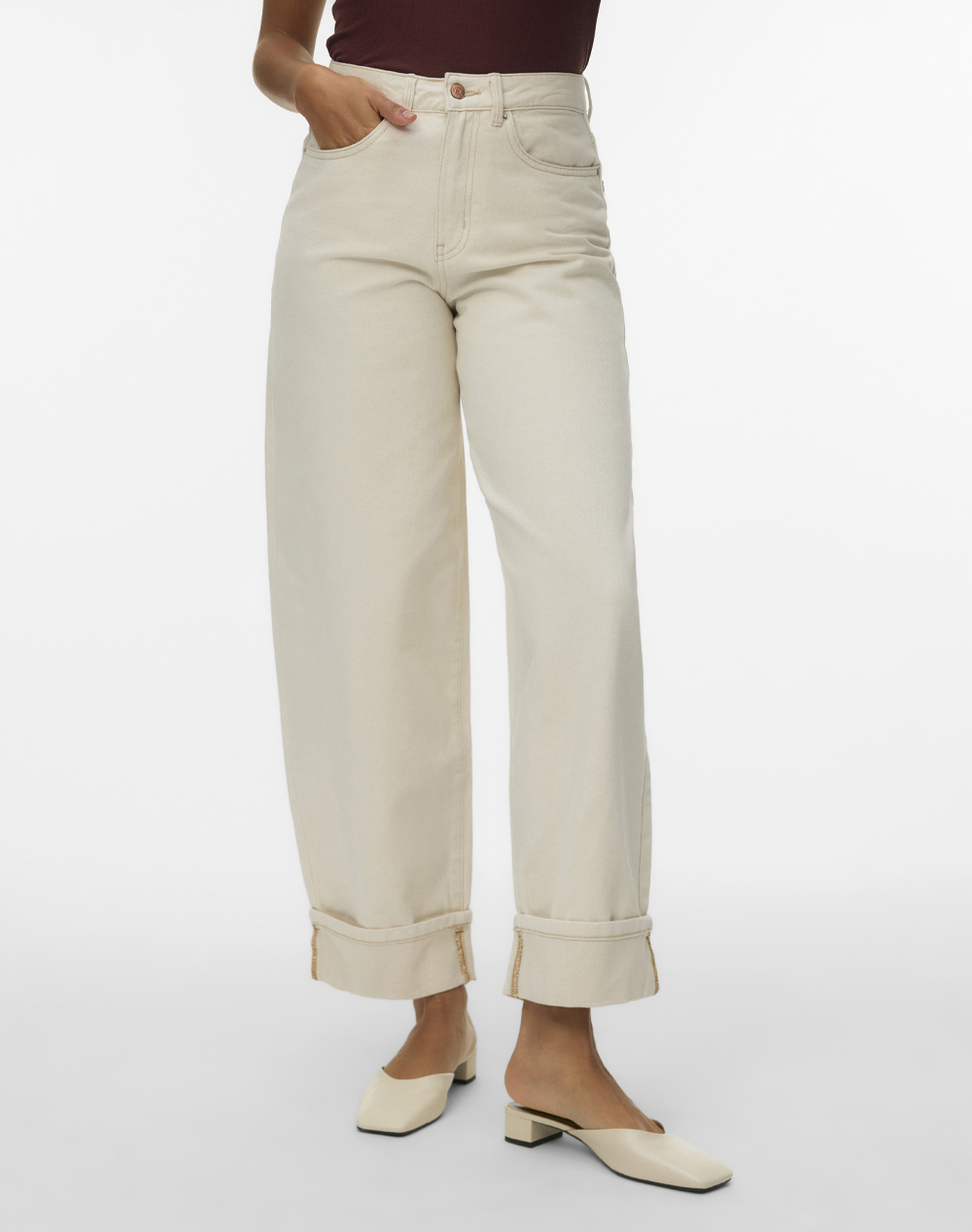 Vero Moda Vmzelda Hr Barrel Fold Up Ecru Jeans Γυναικα Ρουχα Παντελονια Jean/5P/Cargo Ecru Βαμβακι 10339347 Ecru - Koolfly