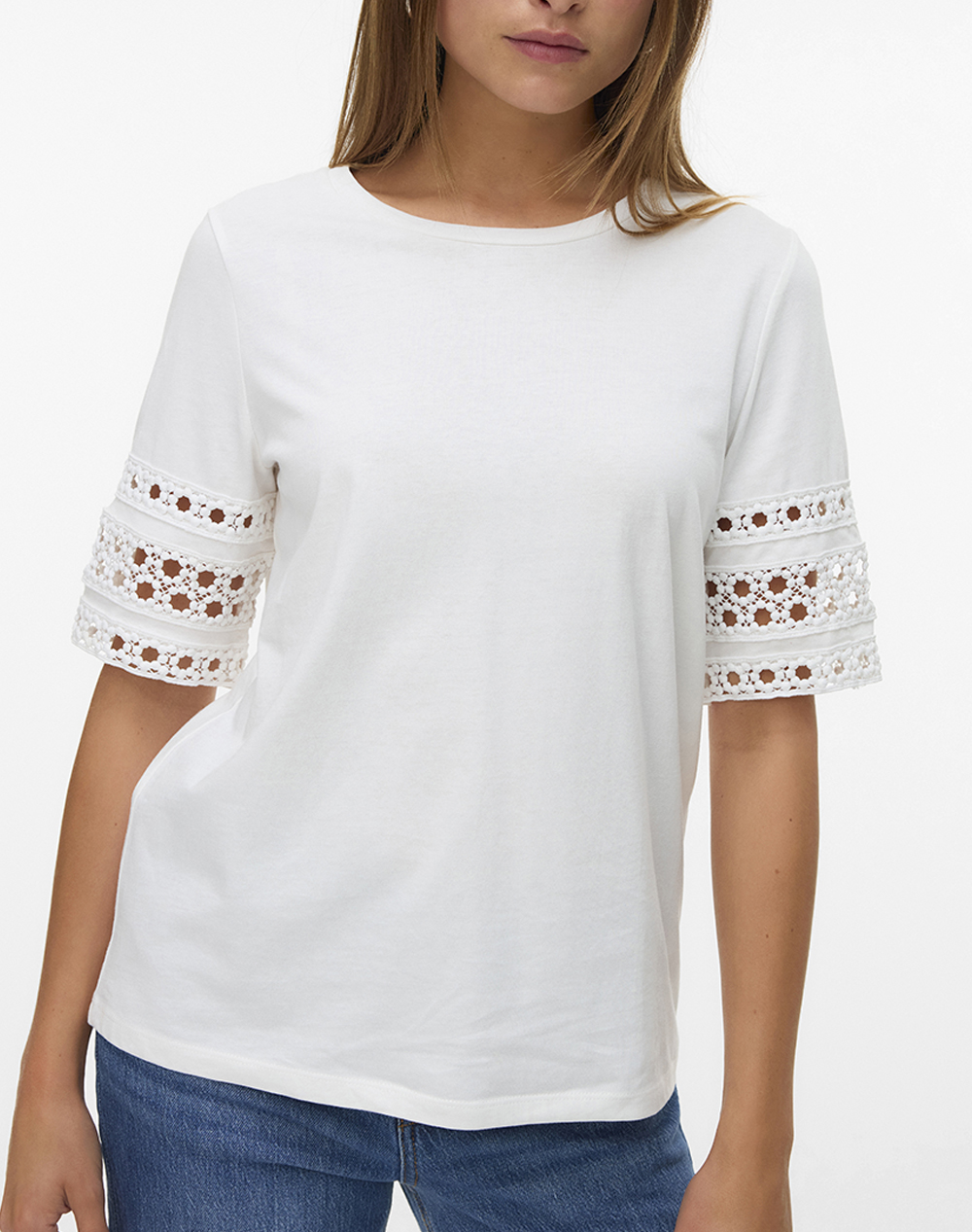 Vero Moda Vmivacy 2/4 O Neck Top Jrs Btq Γυναικα Ρουχα Μπλουζες Τ Shirt White Βαμβακι 10340787 Snow Whitesnowwhitelace