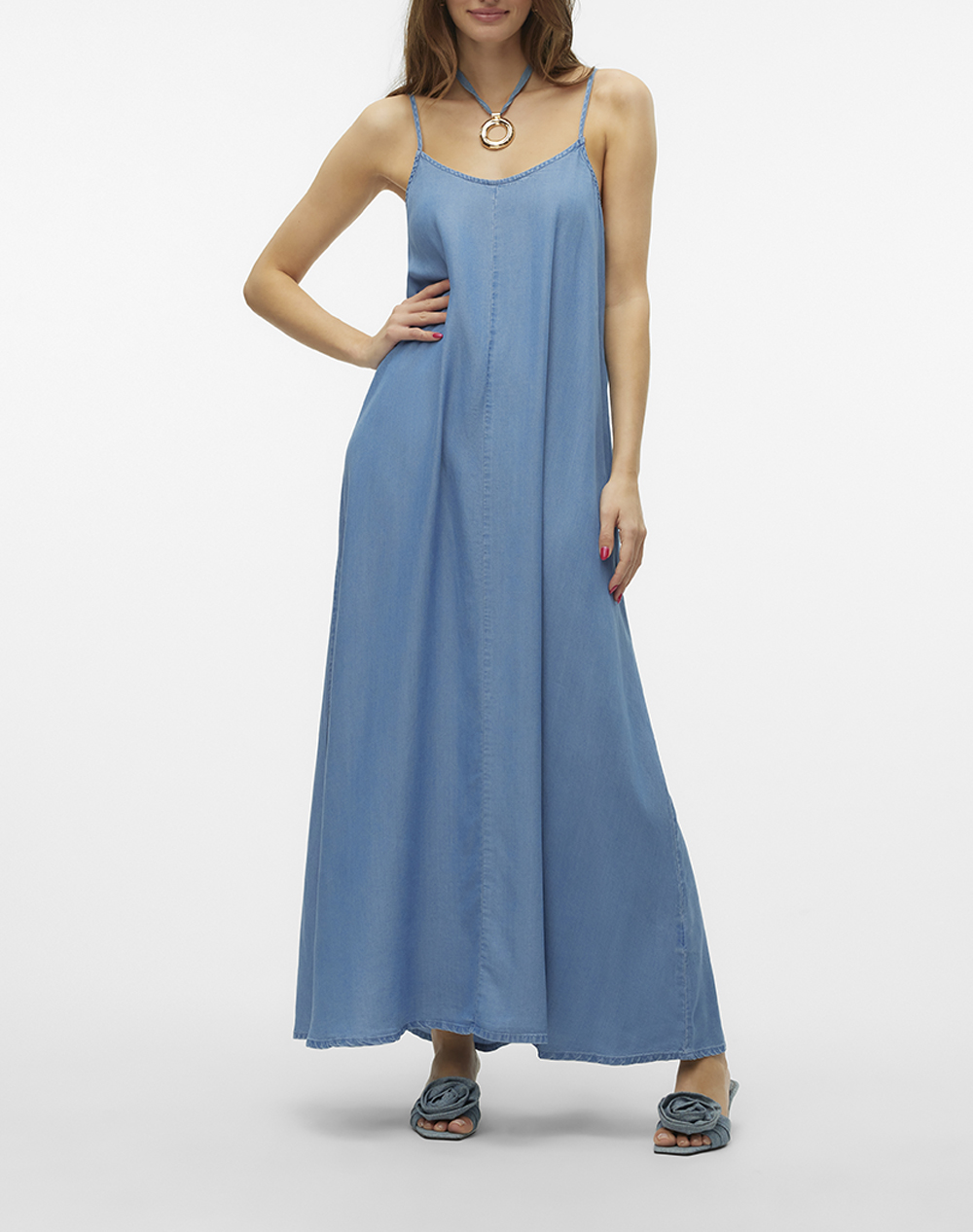 Vero Moda Vmharper Sl Strap Maxi Tencel Dress Ga Γυναικα Ρουχα Φορεματα Denimblue Συνθετικο 10283677 Medium Blue Denim