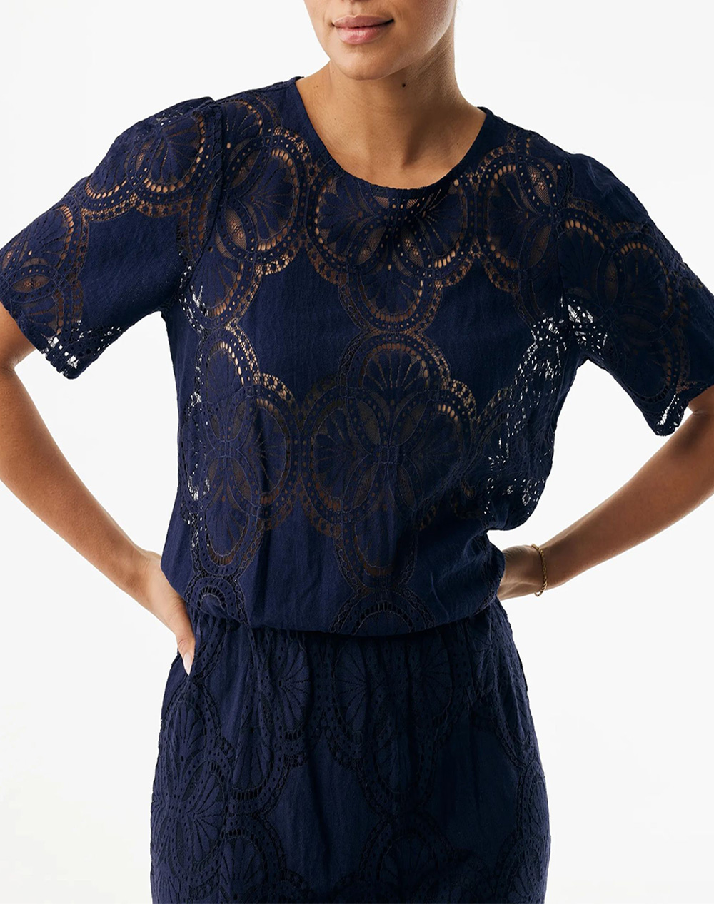 Mexx Lace Short Sleeve Blouse Γυναικα Ρουχα Μπλουζες Τοπ/Κορμακια Darkblue Βαμβακισυνθετικο Mf006102561W 193920