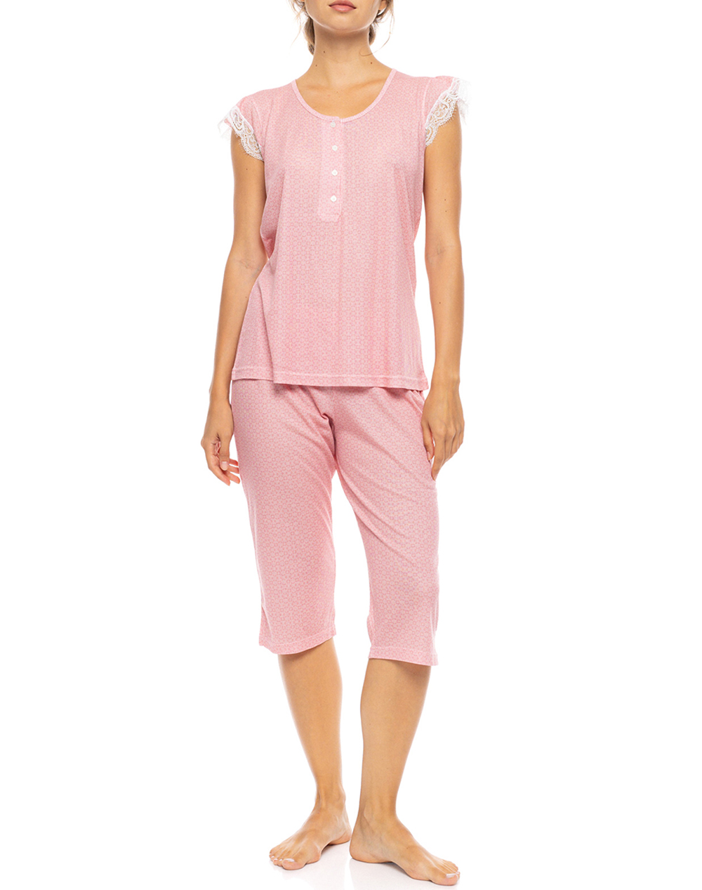 Pink Label Pyjamas Capri Summer Geo Γυναικα Homewear Πιτζαμες Pink Βαμβακι S1591 Raspberry