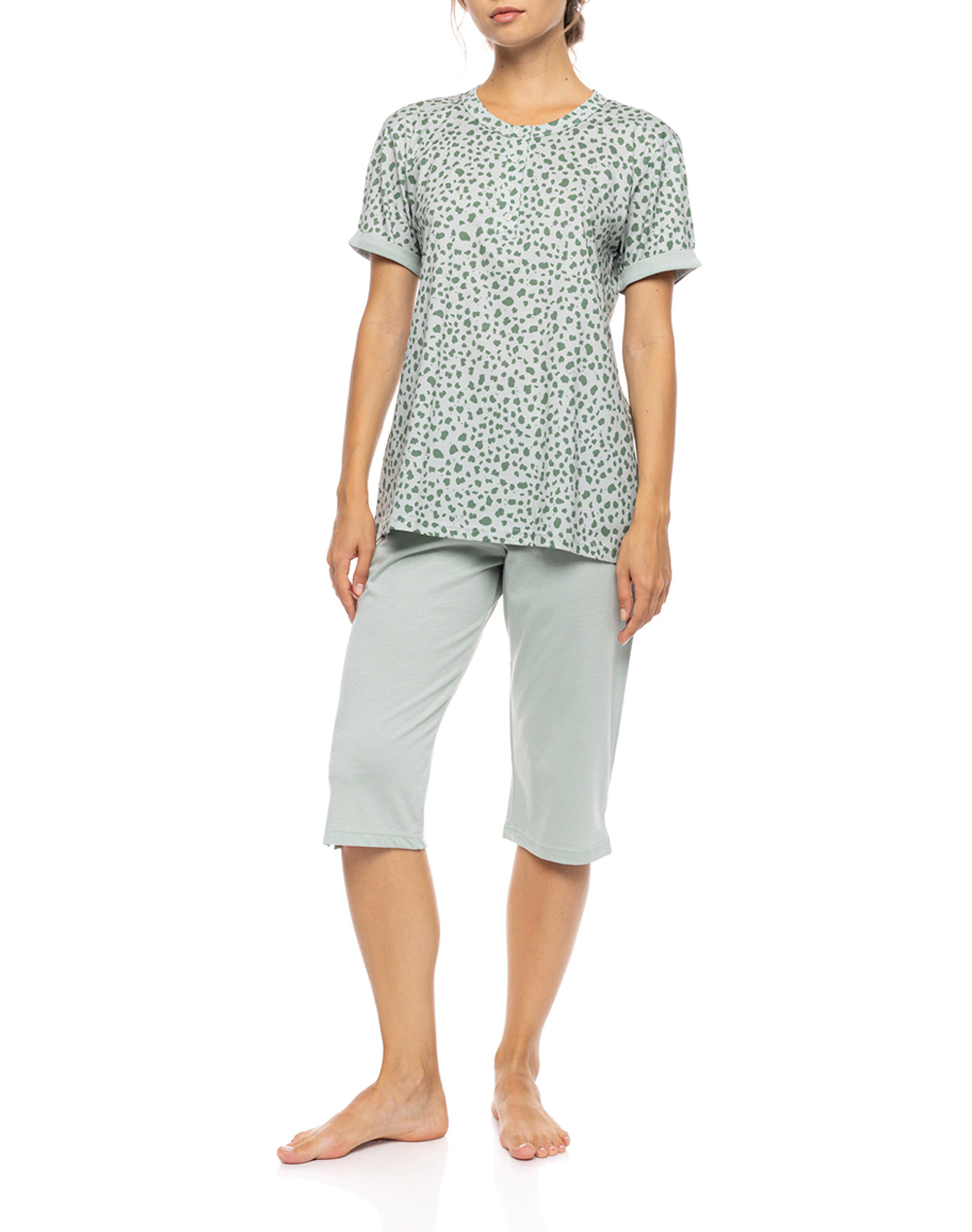 Pink Label Pyjama Capri Jade Leo Γυναικα Homewear Πιτζαμες Lightgreen Βαμβακι S1572 Type