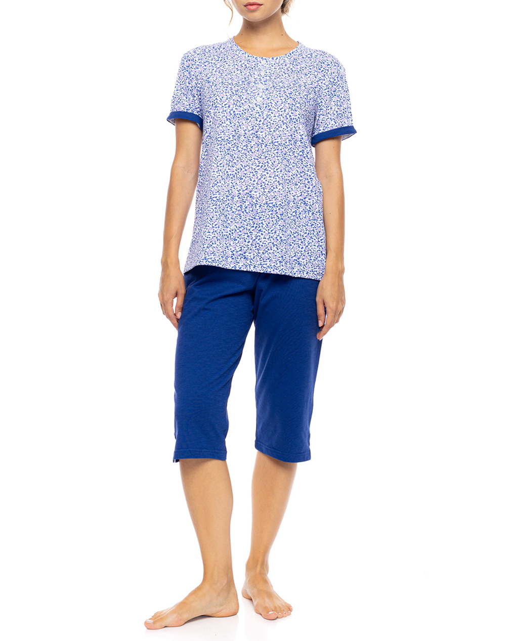 Pink Label Pyjama Capri Summer Daisy Γυναικα Homewear Πιτζαμες Blue Βαμβακι S1619 Type