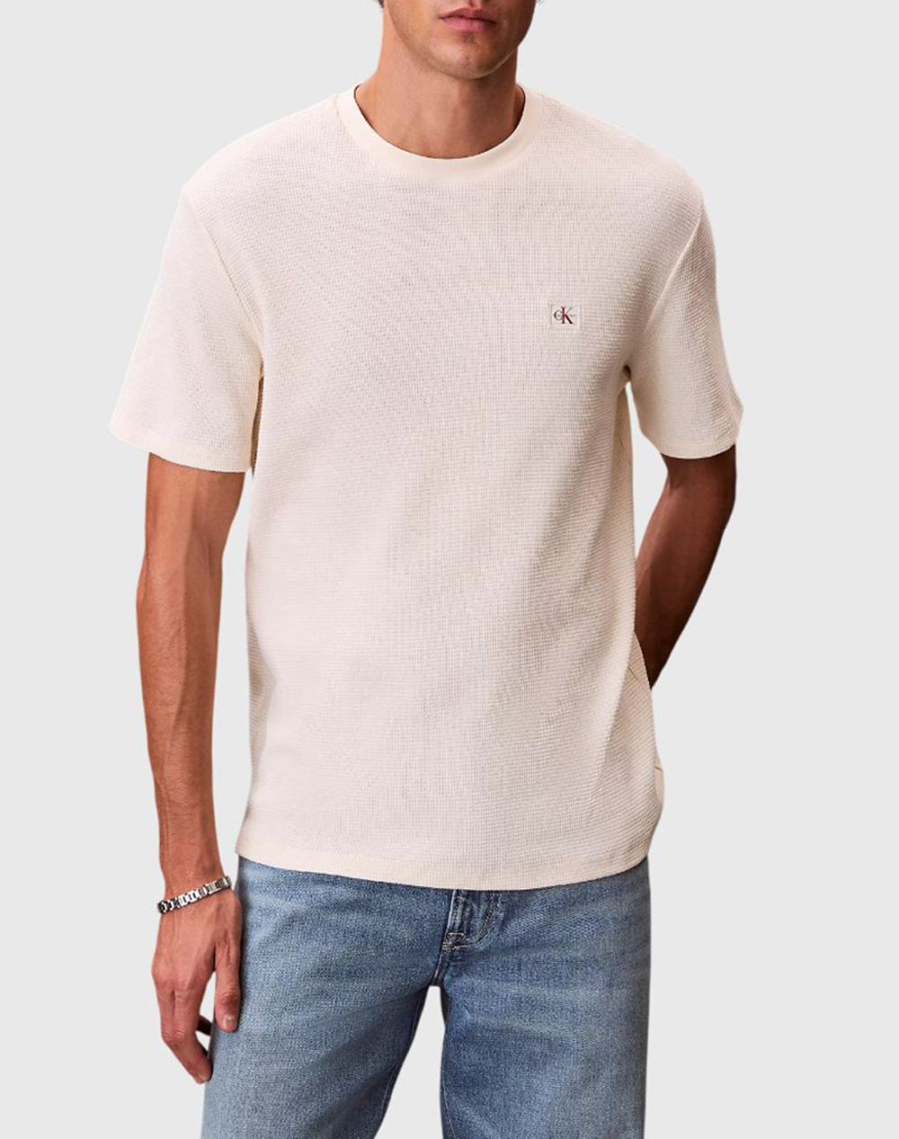 Calvin Klein Ss Waffle Badge Crewnk Tee Ανδρας Ρουχα Μπλουζες T Shirt Cream Βαμβακι,Συνθετικο Lv04rd008g F7j - Koolfly