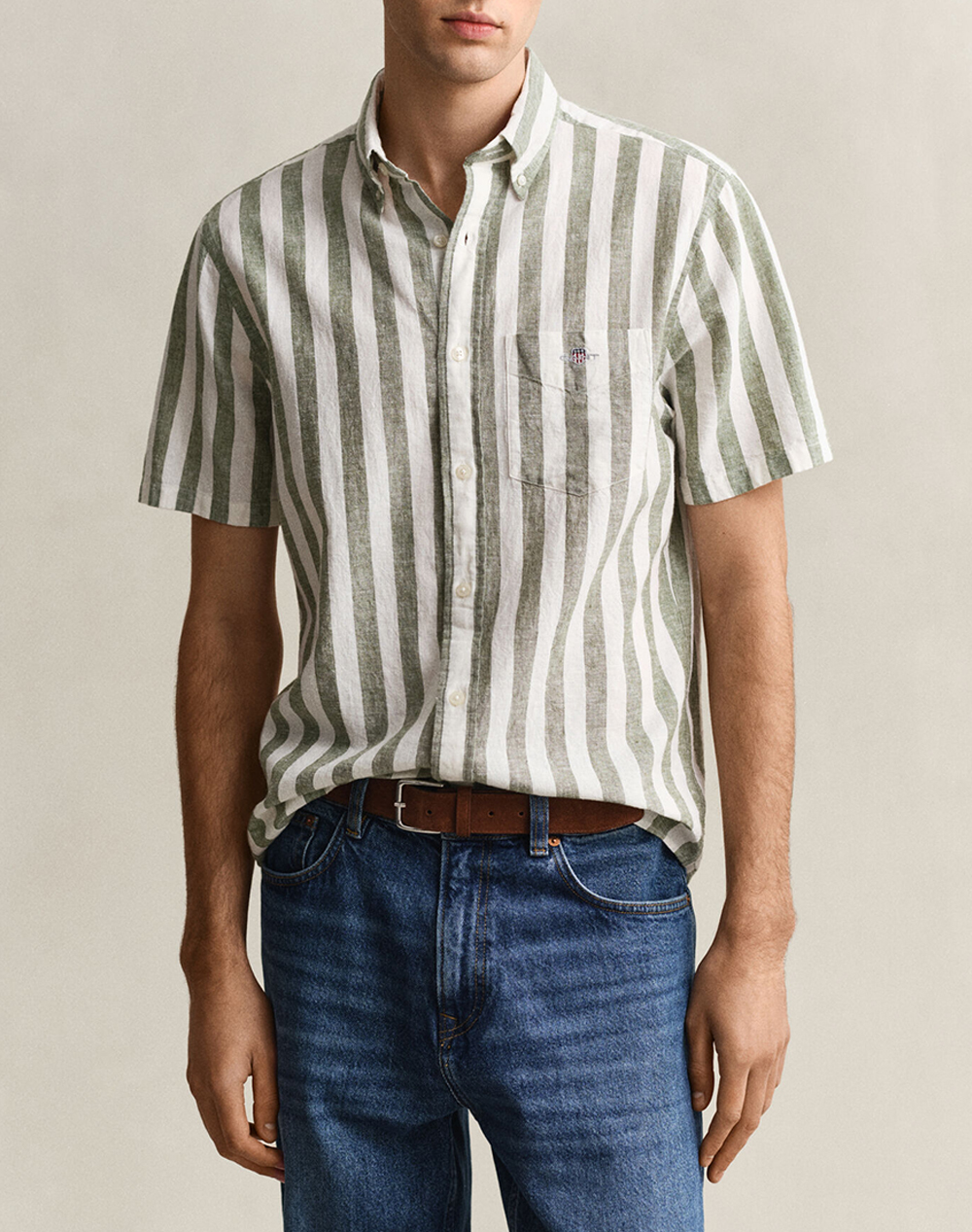 Gant Υποκαμισο Κμ Reg Cotton Linen Stripe Ss Shirt Ανδρας Ρουχα Πουκαμισα Khaki Βαμβακιλινο 3G3260020 379