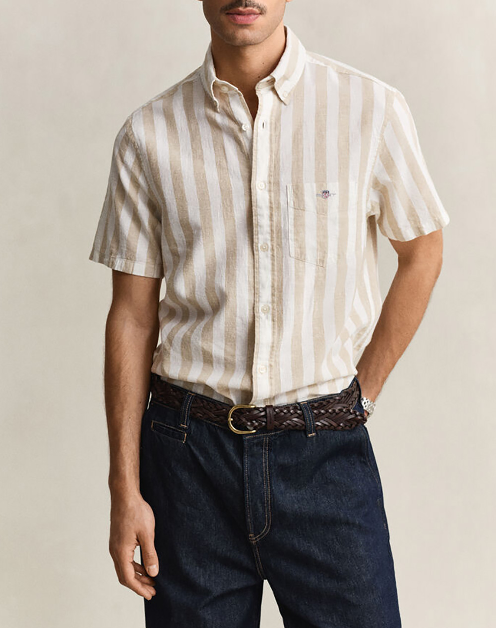 Gant Υποκαμισο Κμ Reg Cotton Linen Stripe Ss Shirt Ανδρας Ρουχα Πουκαμισα Sandybrown Βαμβακιλινο 3G3260020 200