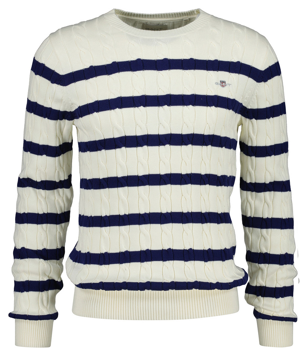 Gant Πουλοβερ Μμ Striped Cotton Cable C Neck Ανδρας Ρουχα Μπλουζες Πλεκτα Cream Βαμβακι 3G8050609 130