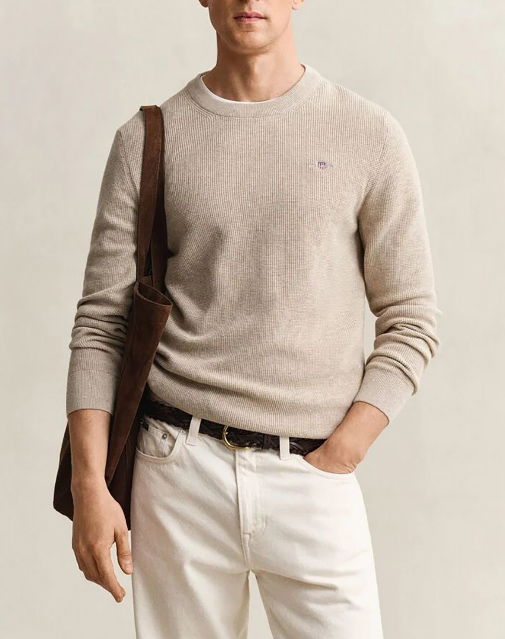 Gant Πουλοβερ Μμ Micro Textured Cotton C Neck Ανδρας Ρουχα Μπλουζες Πλεκτα Sandybrown Βαμβακι 3G8030291 198
