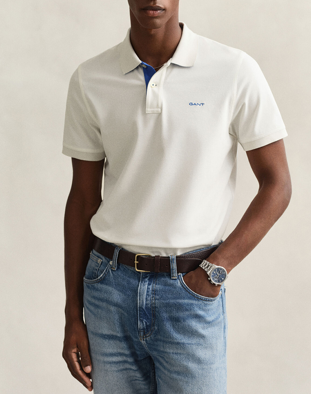 Gant Μπλουζα Κμ Reg Contrast Pique Ss Polo Ανδρας Ρουχα Μπλουζες Polo Offwhite Βαμβακιμε Ελασταν 3G2062026 113