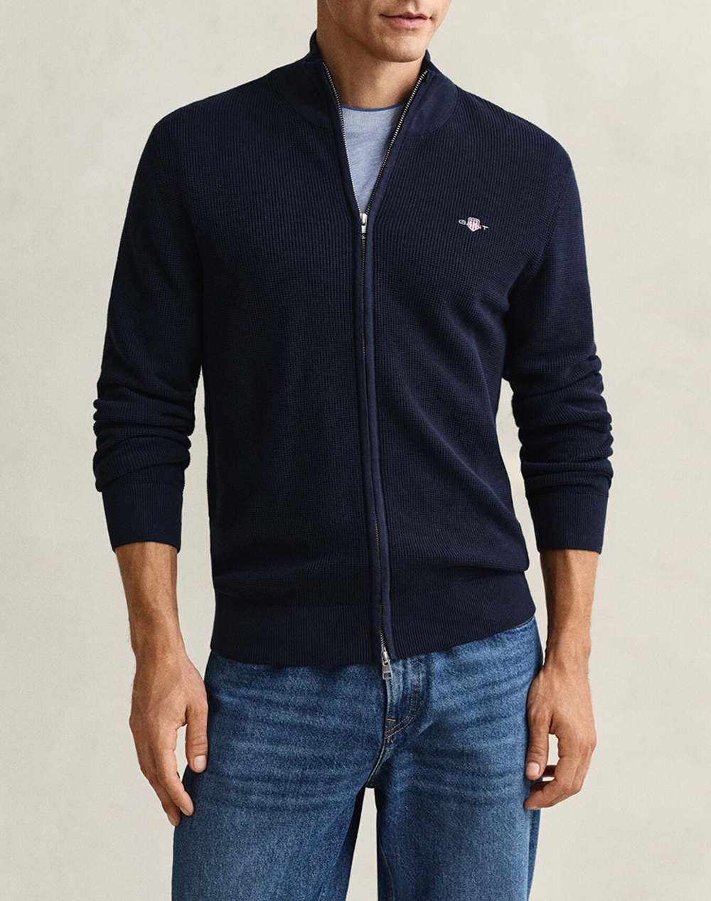 Gant Ζακετα Πλεκτη Micro Textured Cotton Zip Cardigan Ανδρας Ρουχα Ζακετες Πλεκτες Ζακετες Darkblue Βαμβακι 3G8030293 433