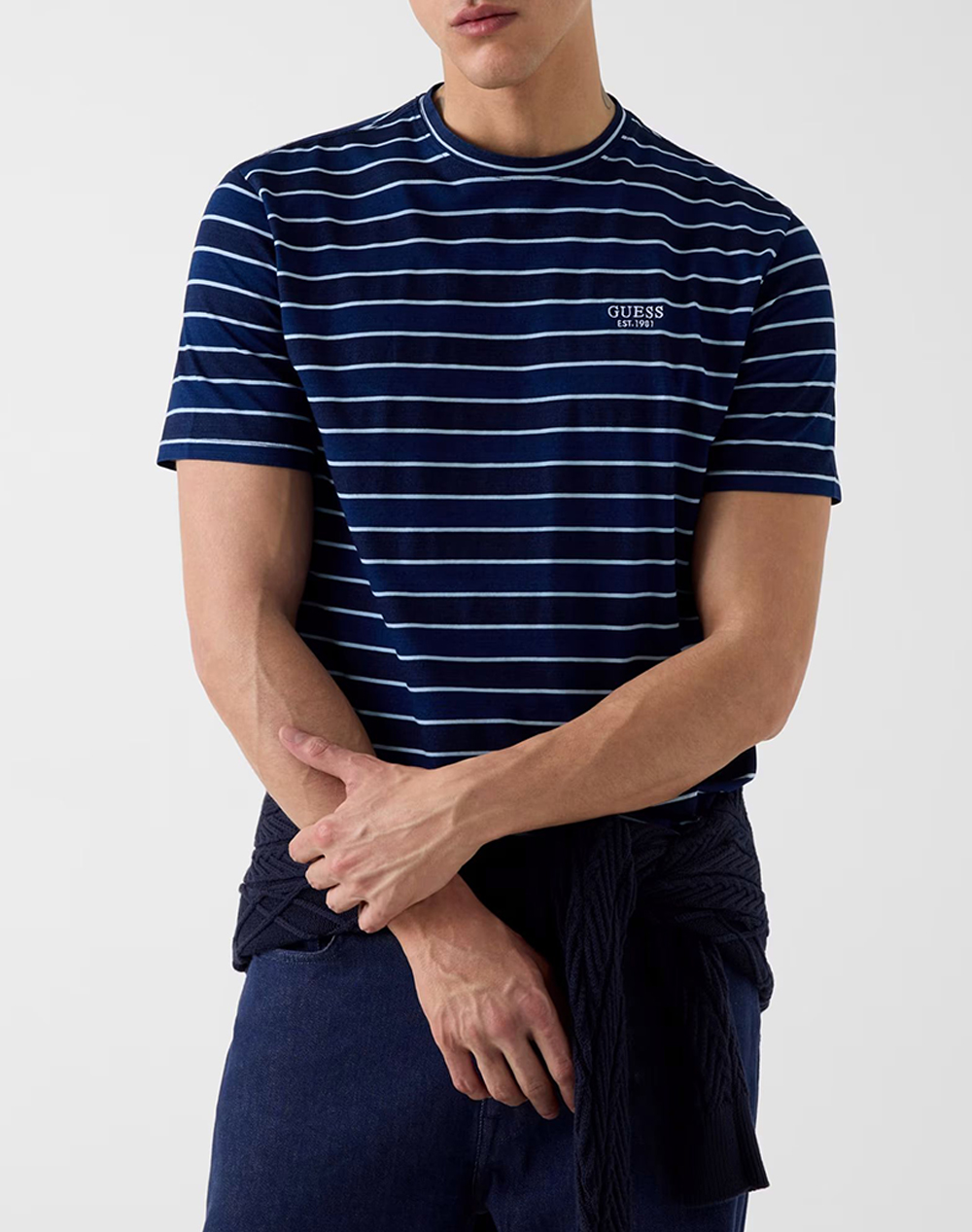 Guess Cn Ss Indigo Stripes Embro Tee Μπλουζα Ανδρικο Ανδρας Ρουχα Μπλουζες T Shirt Indigo Βαμβακι M6Gi12K2993 Sb05