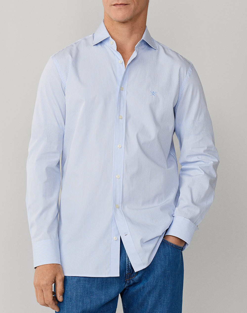 Hackett Essentials City Bengal Stripe Πουκαμισο Ανδρικο Ανδρας Ρουχα Πουκαμισα Skyblue Βαμβακι Hm3010537 513