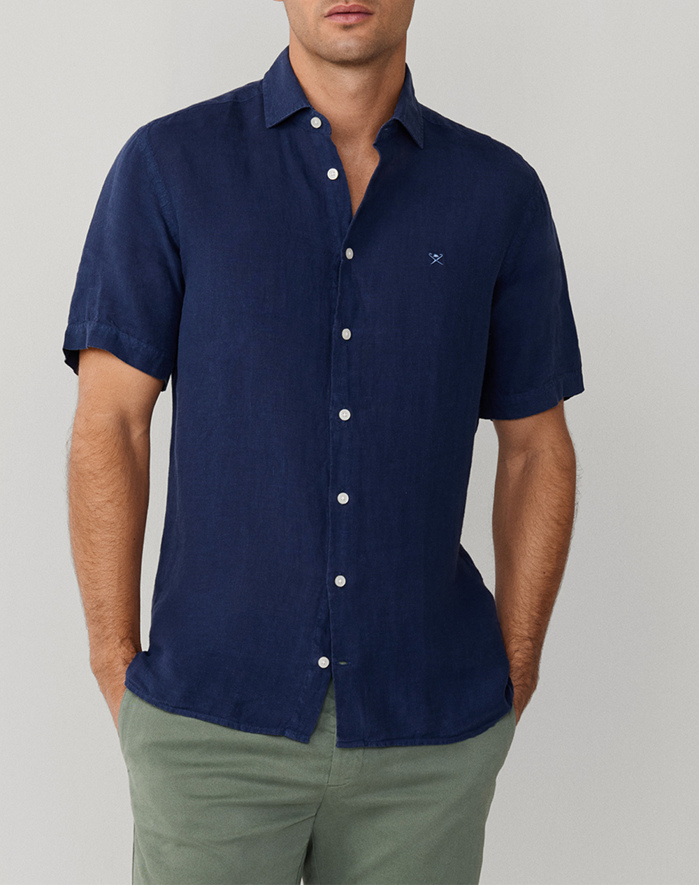 Hackett Essentials Gmd Linen Ss Πουκαμισο Ανδρικο Ανδρας Ρουχα Πουκαμισα Navyblue Λινο Hm3010633 584 - Koolfly