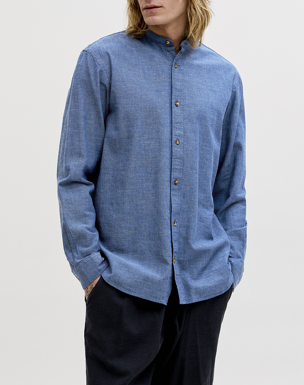 Jack&Jones Jjesummer Linen Blend Band Shirt L/S Sn Ανδρας Ρουχα Πουκαμισα Denimblue Βαμβακιλινο 12289184 Navy Blazer