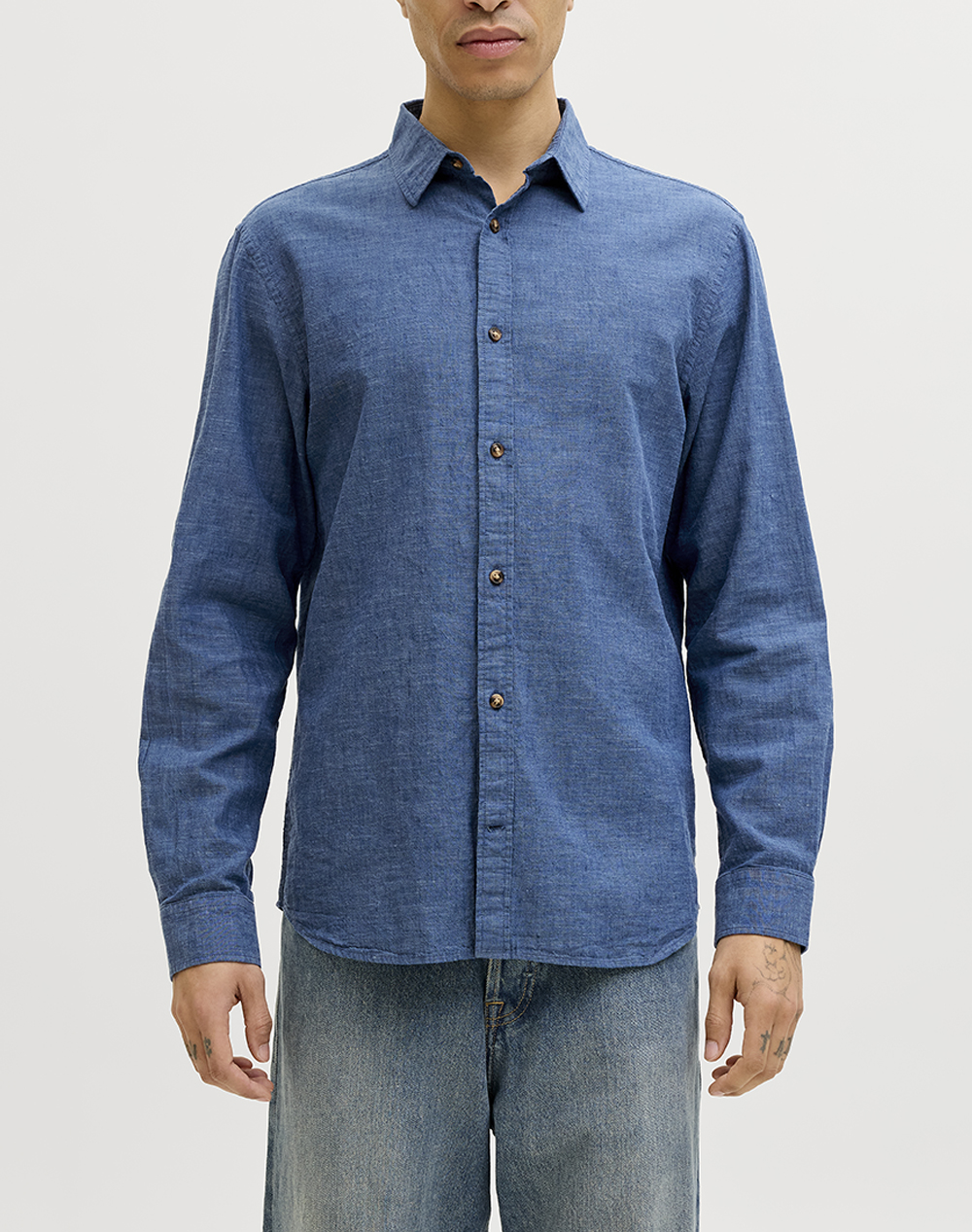 Jack&Jones Jjesummer Linen Blend Shirt L/S Sn Ανδρας Ρουχα Πουκαμισα Denimblue Βαμβακιλινο 12289174 Navy Blazer
