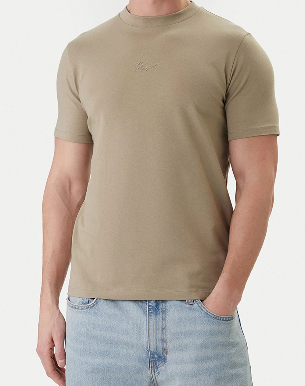 Karl Lagerfeld T Shirt Crewneck Ανδρας Ρουχα Μπλουζες T Shirt Khaki Βαμβακιμε Ελασταν 755047 562235 420