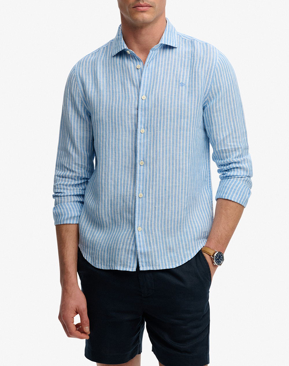 Superdry D2 Stud Riviera L/S Linen Shirt Πουκαμισο Ανδρικο Ανδρας Ρουχα Πουκαμισα Lightblue Βαμβακι M4011103A J9E