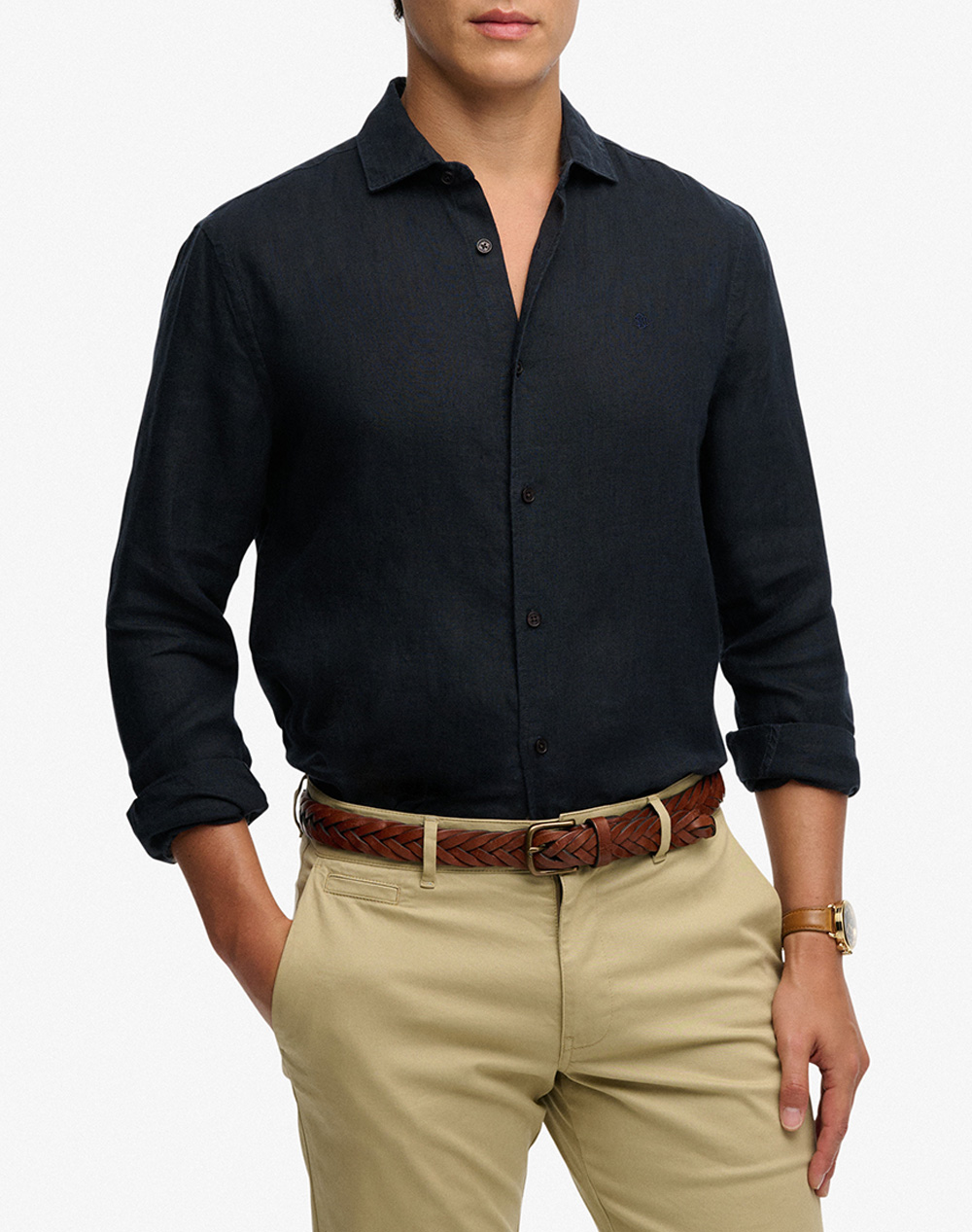 Superdry D2 Stud Riviera L/S Linen Shirt Πουκαμισο Ανδρικο Ανδρας Ρουχα Πουκαμισα Midnightblue Βαμβακι M4011103A 98T