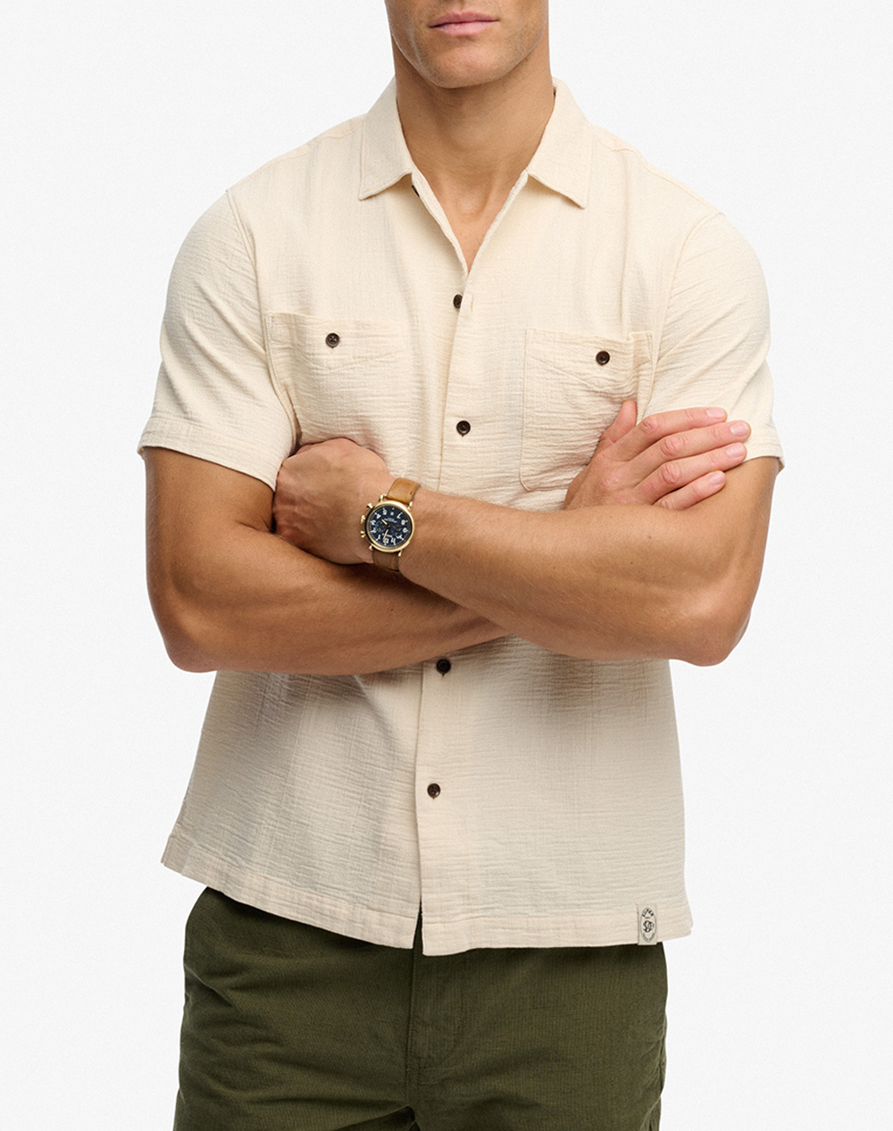 Superdry D2 Stud Merchant Textured S/S Shirt Πουκαμισο Ανδρικο Ανδρας Ρουχα Πουκαμισα Biege Βαμβακι M4011123A 1Lg