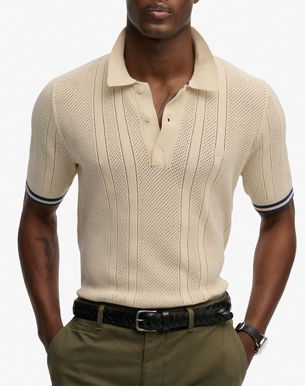 Superdry D2 Stud Knitted Texture S/S Polo Μπλουζα Ανδρικο Ανδρας Ρουχα Μπλουζες Polo Biege Βαμβακι M1110458A 1Lg