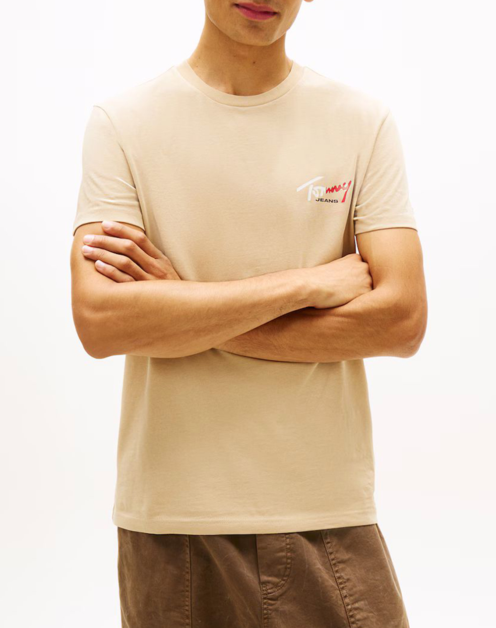 Tommy Jeans Tjm Slim Sign Chest Ss Tee Ext Ανδρας Ρουχα Μπλουζες T Shirt Biege Βαμβακι Dm0Dm22538 Ab9