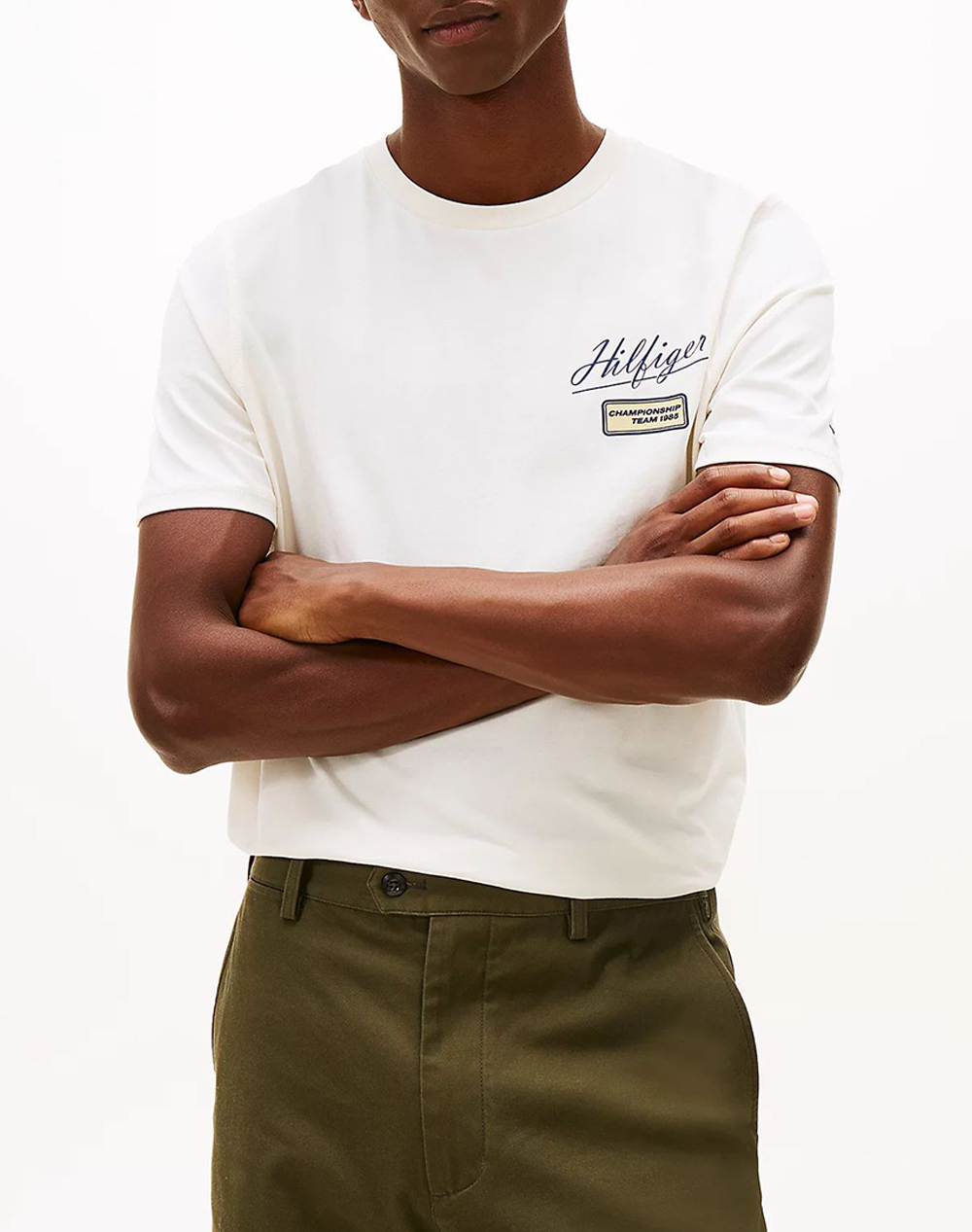 Tommy Hilfiger Modern Ath Graphic Badge Tee Ανδρας Ρουχα Μπλουζες T Shirt Cream Βαμβακι Mw0mw41471 Z00 - Koolfly
