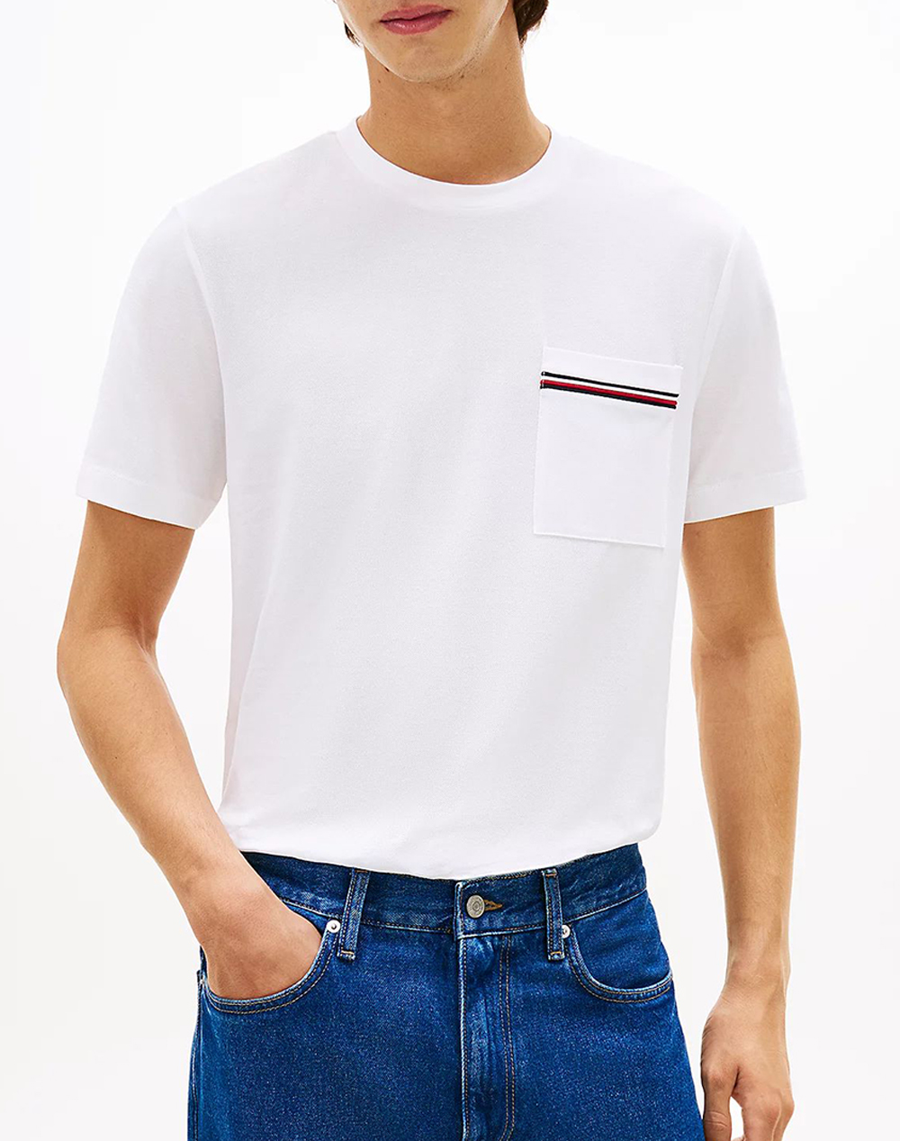 Tommy Hilfiger Global Stripe Pique Pocket Tee Ανδρας Ρουχα Μπλουζες T Shirt White Βαμβακι Mw0mw42397 Ybr - Koolfly