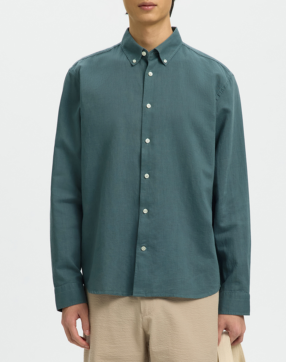 Selected Slhregclay Linen Blend Bd Ls Shirt Ανδρας Ρουχα Πουκαμισα Darkgreen Βαμβακιλινο 16100326 Balsam Green