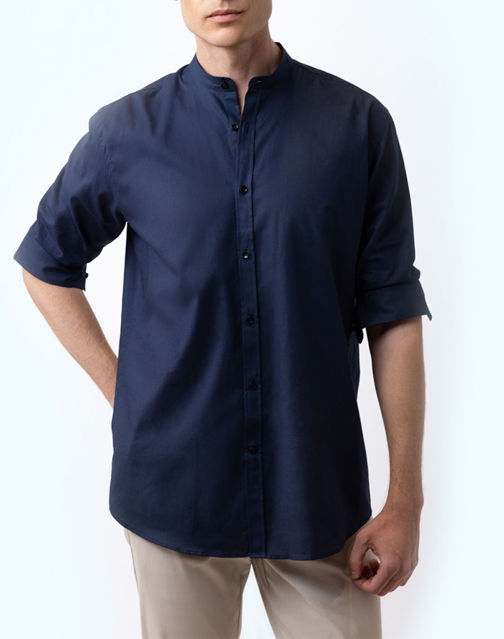 The Bostonians Πουκαμισο Βαμβακι Λινο Custom Fit Plain Cottonlinen Mao Customfit Ανδρας Ρουχα Πουκαμισα Indigo Βαμβακιλινο 3A4P1098 Dark