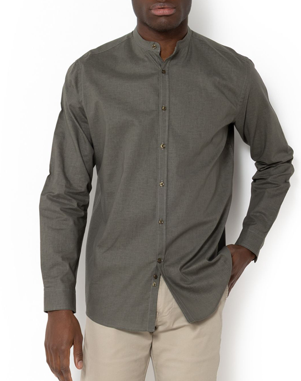 The Bostonians Πουκαμισο Βαμβακι Λινο Custom Fit Plain Cottonlinen Mao Customfit Ανδρας Ρουχα Πουκαμισα Olive Βαμβακιλινο 3A4P1098 Olive
