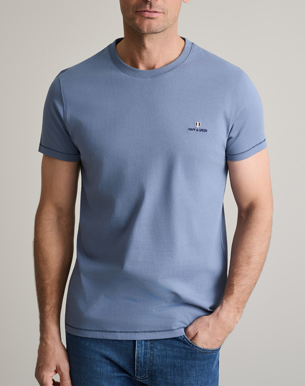 Navy&Green Μπλουζα Λαιμοκοψη Ανδρας Ρουχα Μπλουζες T Shirt Steelblue Βαμβακι 24Mo.001/P.3 Captains Blue