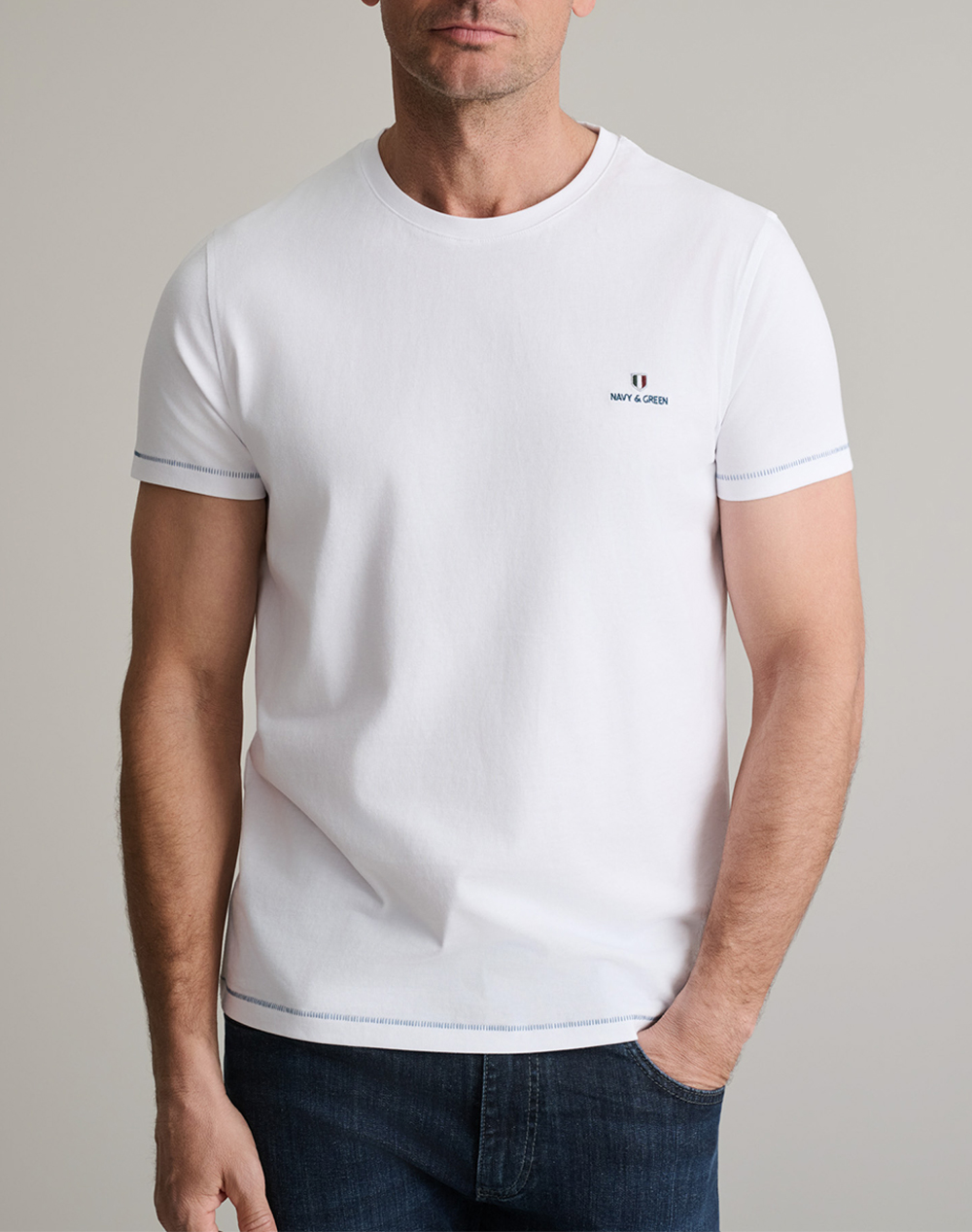 Navy&Green Μπλουζα Λαιμοκοψη Ανδρας Ρουχα Μπλουζες T Shirt White Βαμβακι 24Mo.001/P.3 White - Koolfly